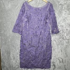 JS Collections Dress Womens 14W Purple Floral Embroidered Mesh 3/4 Sleeve Formal